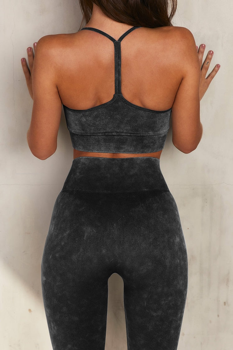 Seamless Ribbed Low Cut Strappy Sports Bra and Leggings Workout Set