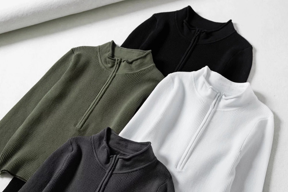 Ribbed High Neck Zipper Cropped Sweater