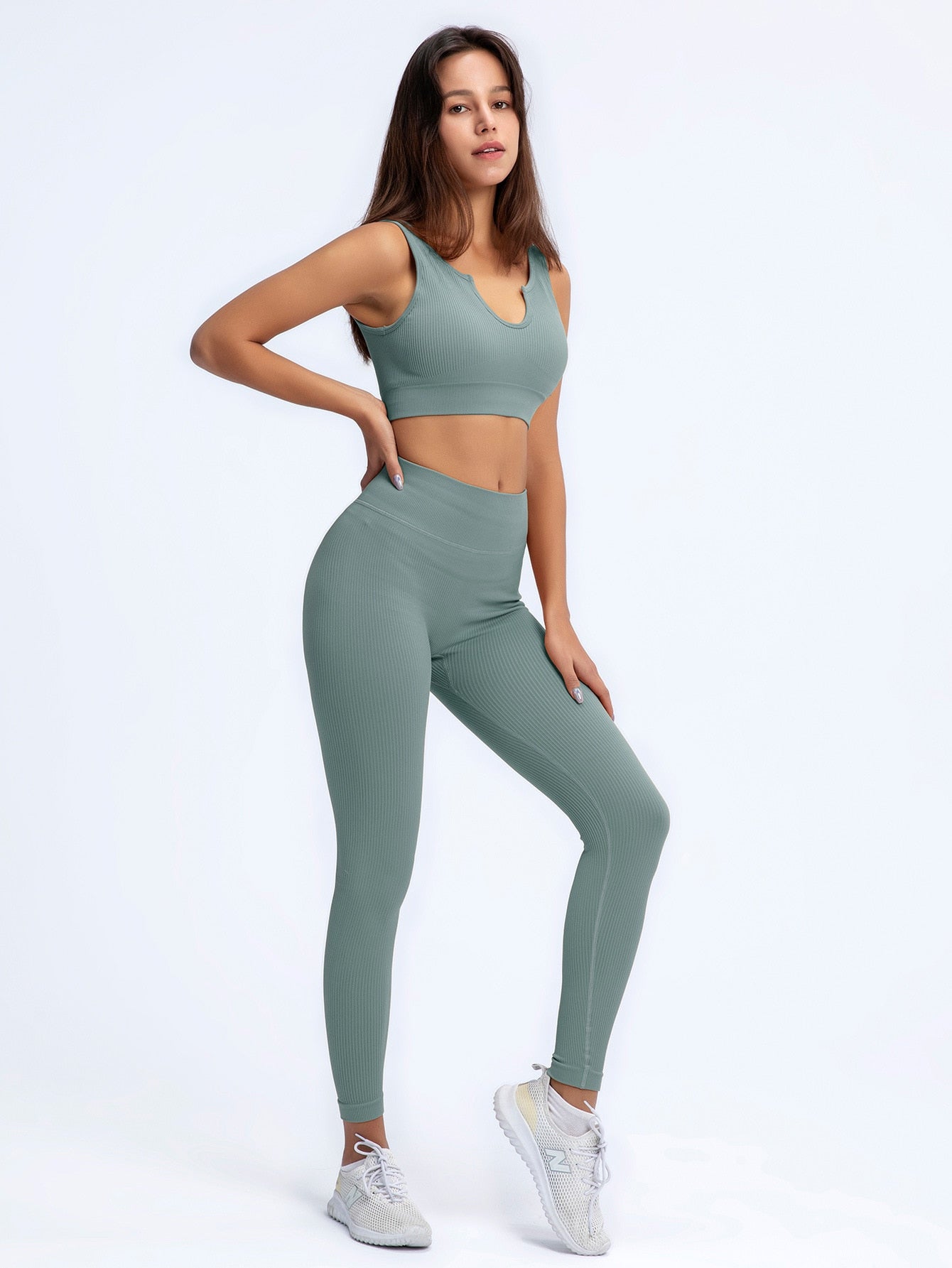 Ribbed U-shape Collar Sports Bra Top and Leggings Workout Set