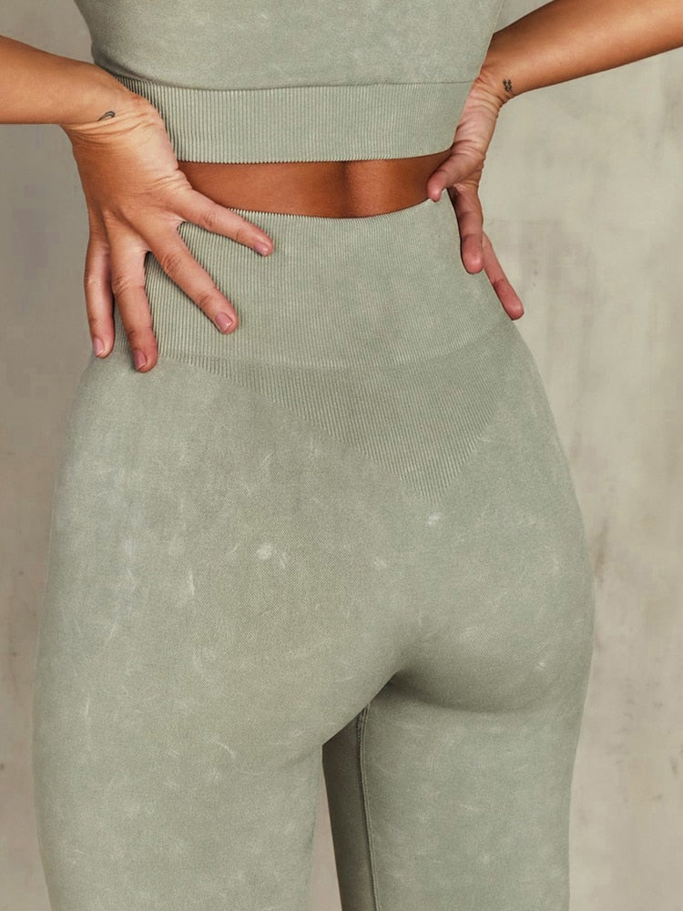 Seamless Ribbed Low Cut Strappy Sports Bra and Leggings Workout Set
