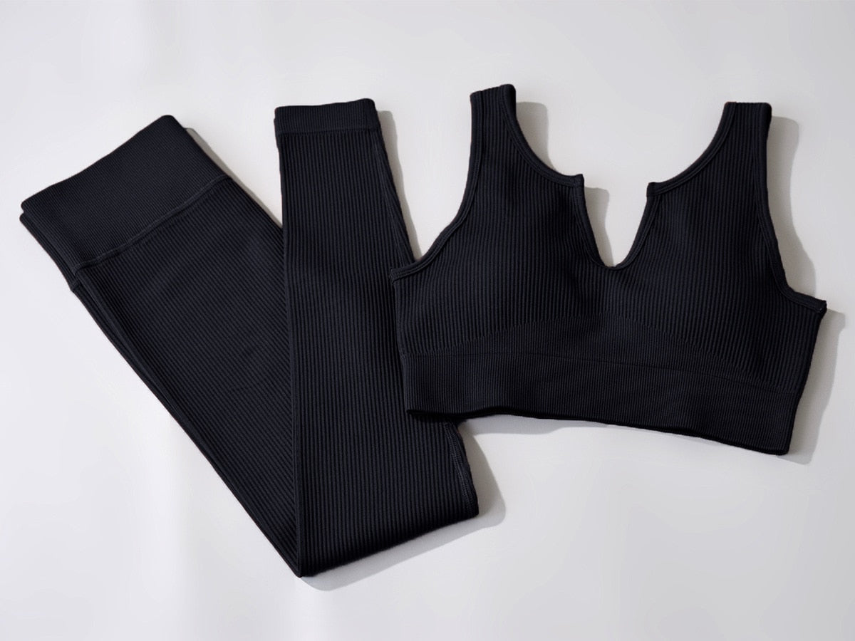 Ribbed U-shape Collar Sports Bra Top and Leggings Workout Set