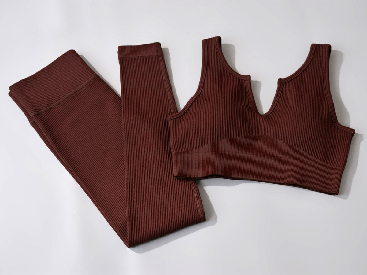Ribbed U-shape Collar Sports Bra Top and Leggings Workout Set