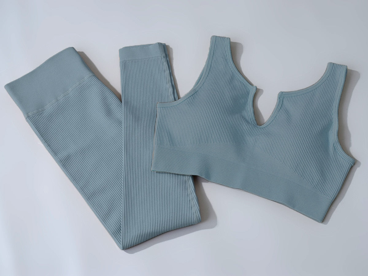 Ribbed U-shape Collar Sports Bra Top and Leggings Workout Set