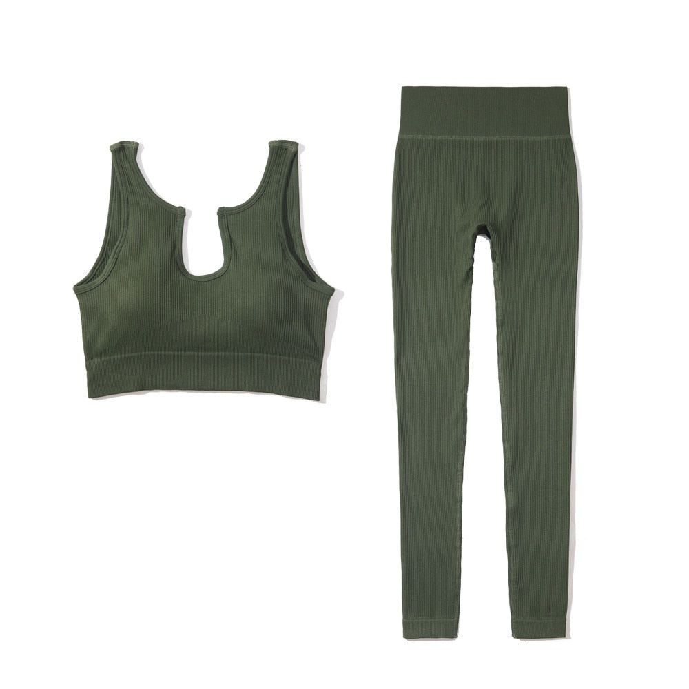 Ribbed U-shape Collar Sports Bra Top and Leggings Workout Set