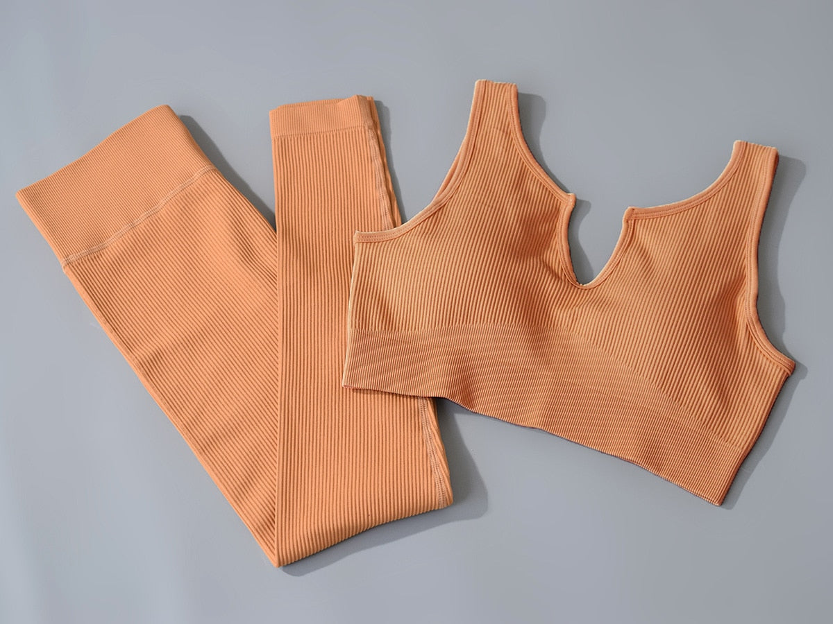 Ribbed U-shape Collar Sports Bra Top and Leggings Workout Set