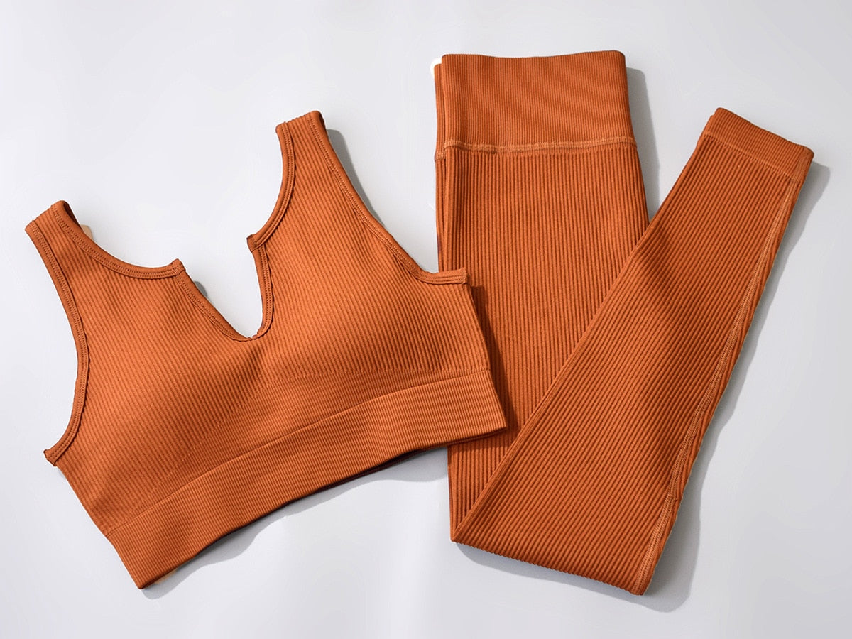Ribbed U-shape Collar Sports Bra Top and Leggings Workout Set