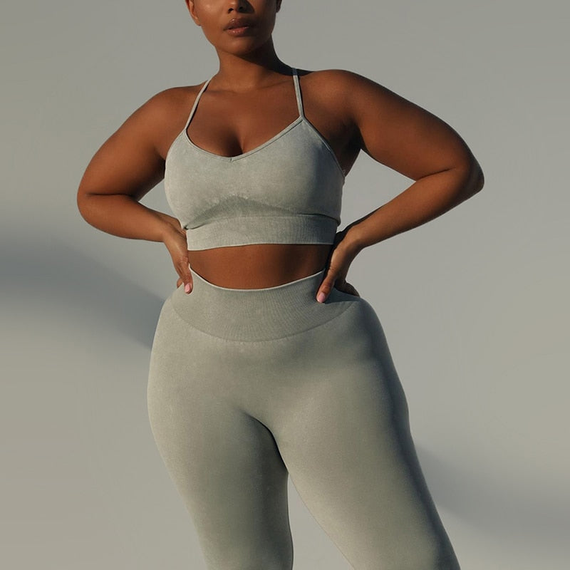 Seamless Ribbed Low Cut Strappy Sports Bra and Leggings Workout Set