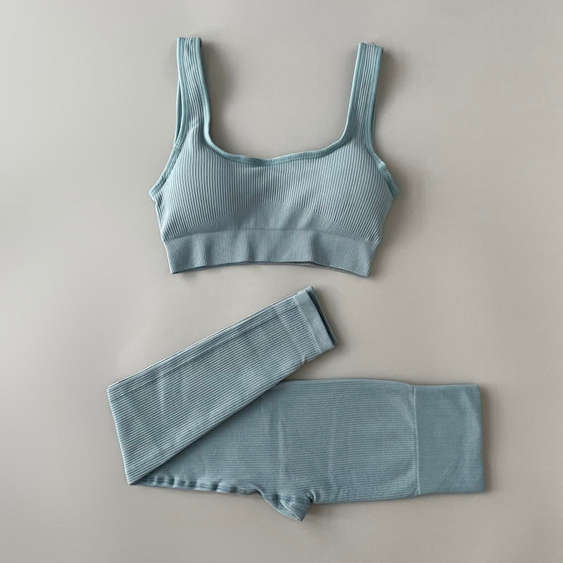 Seamless Ribbed Sports Bra and Leggings Workout Set