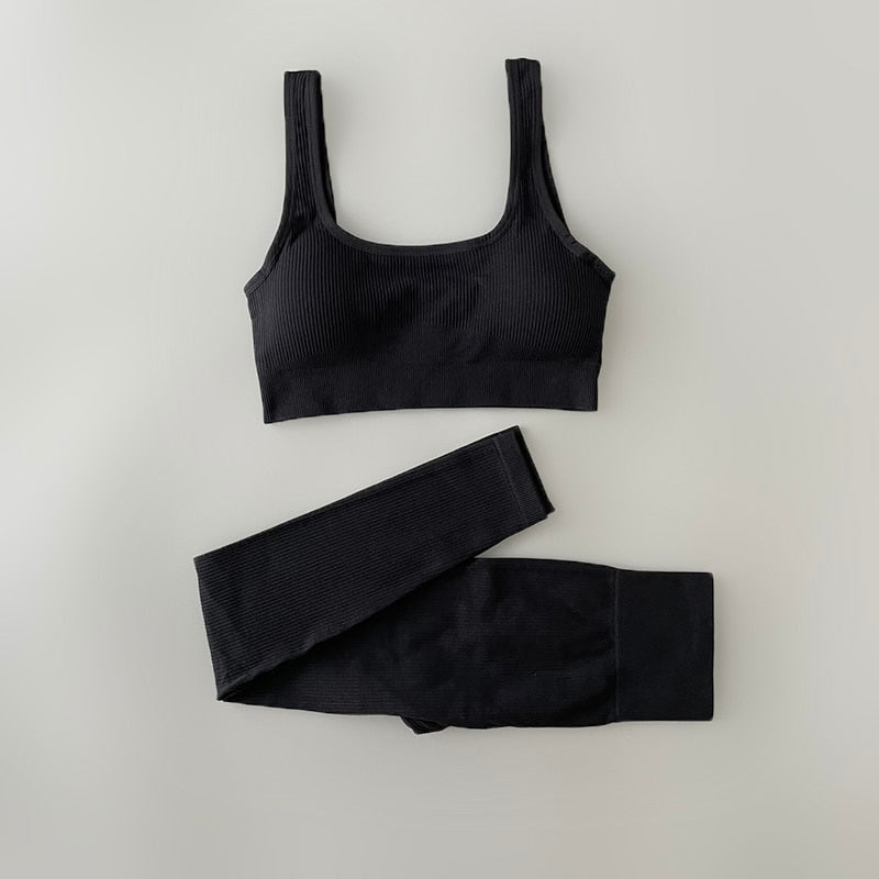 Seamless Ribbed Sports Bra and Leggings Workout Set