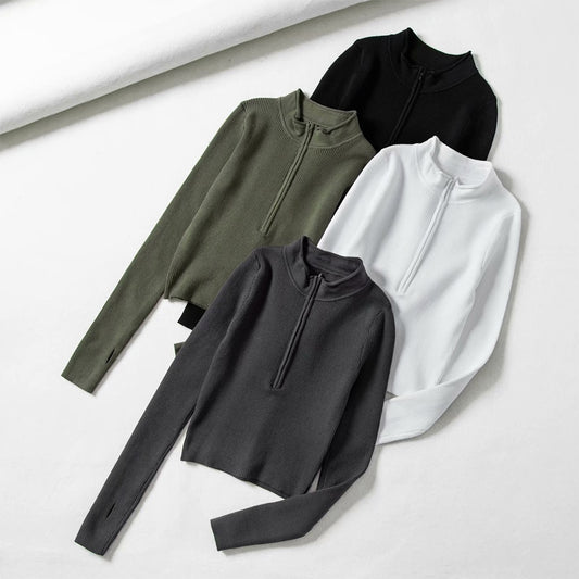 Ribbed High Neck Zipper Cropped Sweater
