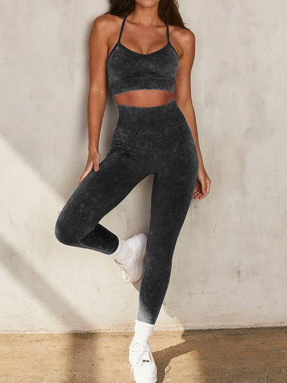 Seamless Ribbed Low Cut Strappy Sports Bra and Leggings Workout Set
