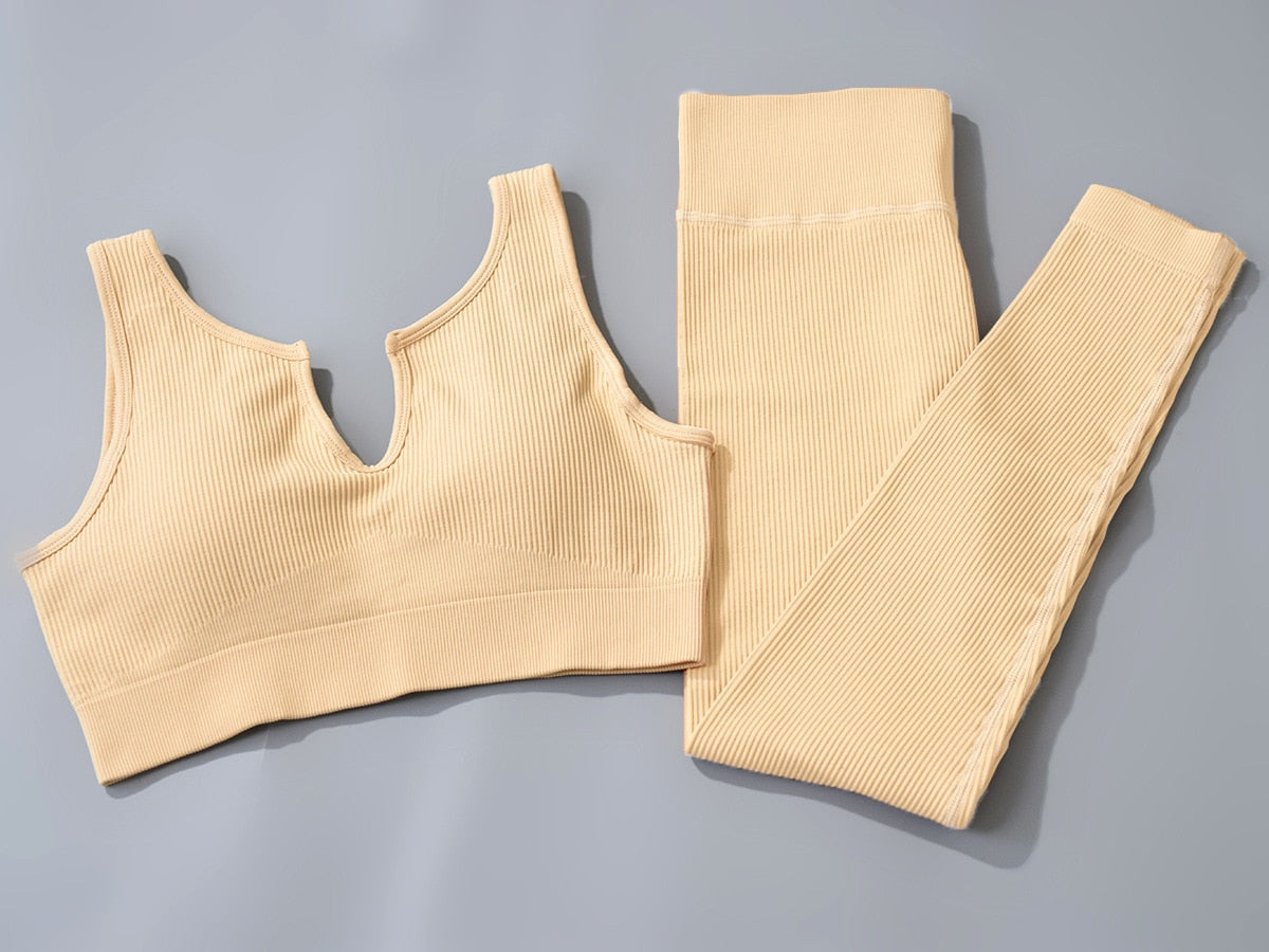 Ribbed U-shape Collar Sports Bra Top and Leggings Workout Set