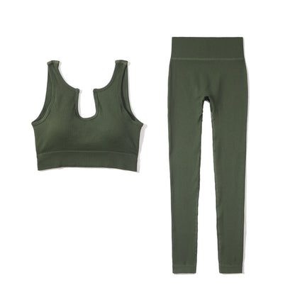 Ribbed U-shape Collar Sports Bra Top and Leggings Workout Set